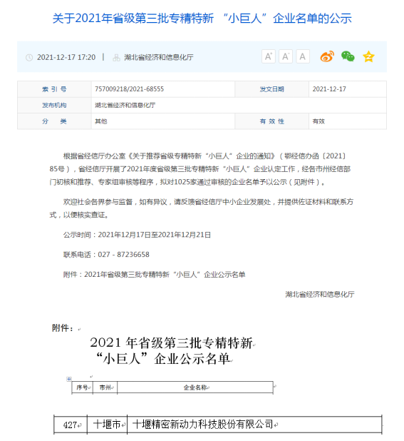 喜訊！公司獲得省級專精特新“小巨人”企業(yè)榮譽(yù)稱號